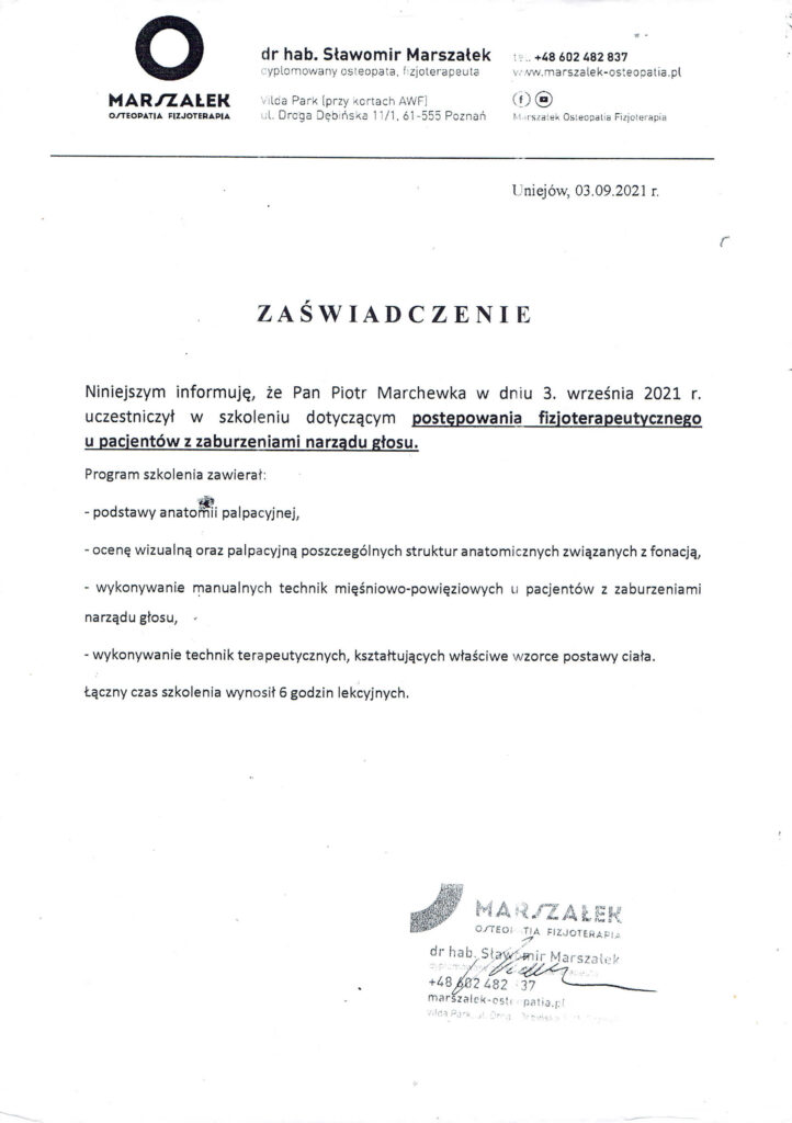 Zaświadczenie Piotra Marchewki otrzymane od osoby uprawnionej do prowadzenia kursu z terapii manualnej głosu