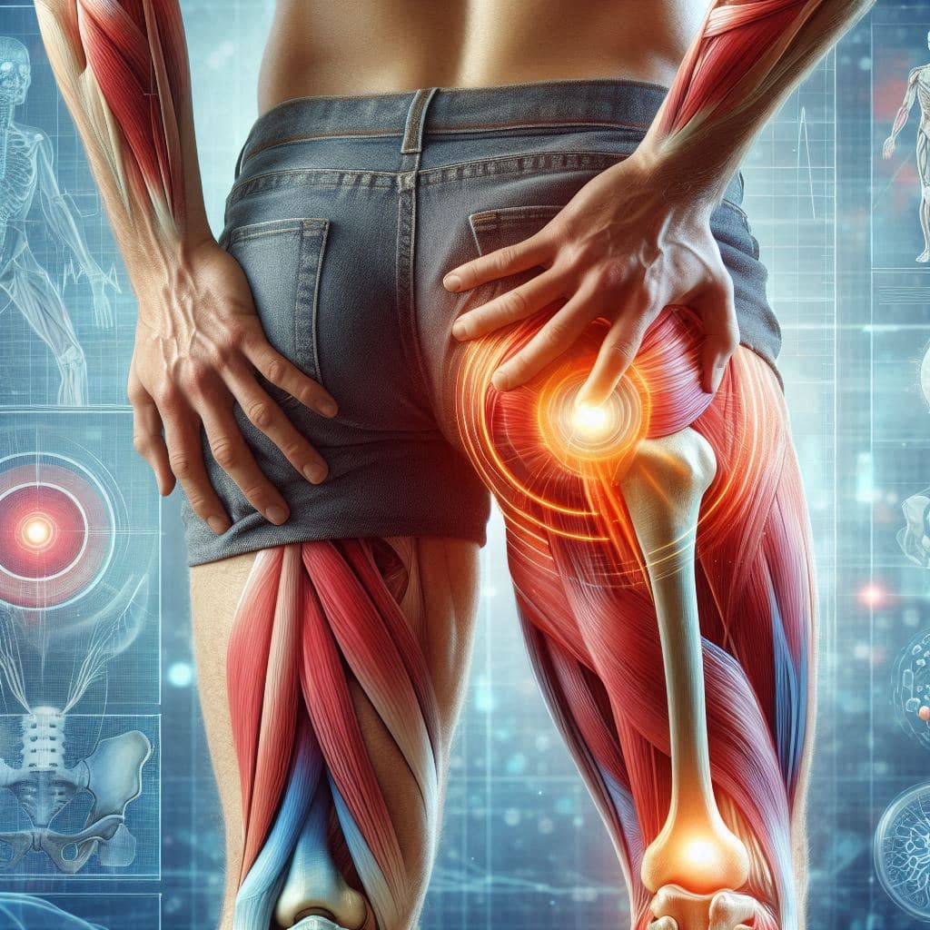 Obraz przedstawia osobę z objawem rwy kulszowej. Rwa kulszowa ma charakter rwący i promieniujący od pośladka do nawet stopy. Rwa kulszowa to z angielskiego sciatica, Osoba wyraźnie próbuje masażu mięśnia gruszkowatego.